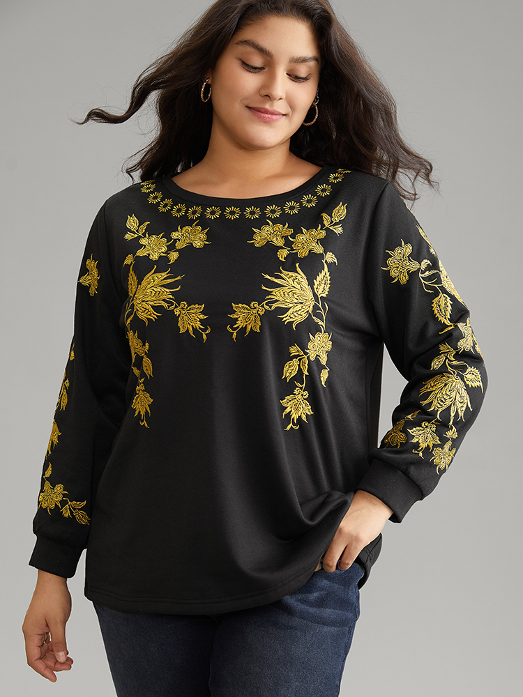 Plus Size Women Dailywear Floral Contrast Regular Regular Sleeve Long Sleeve Round Neck Elegant Sweatshirts BloomChic 