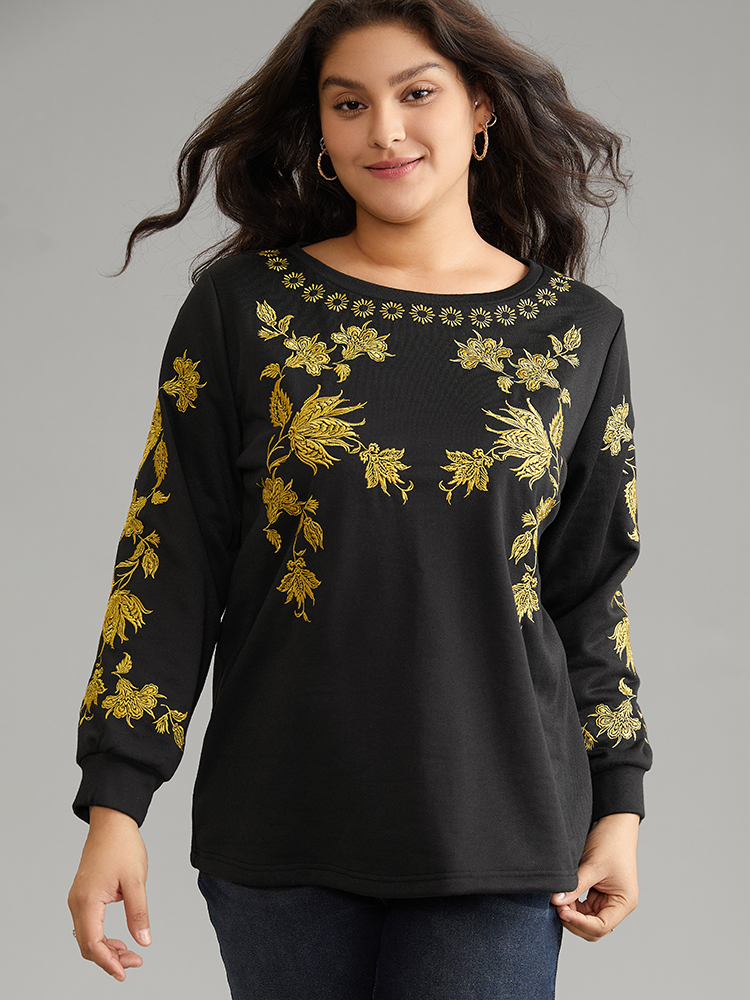 Plus Size Women Dailywear Floral Contrast Regular Regular Sleeve Long Sleeve Round Neck Elegant Sweatshirts BloomChic 