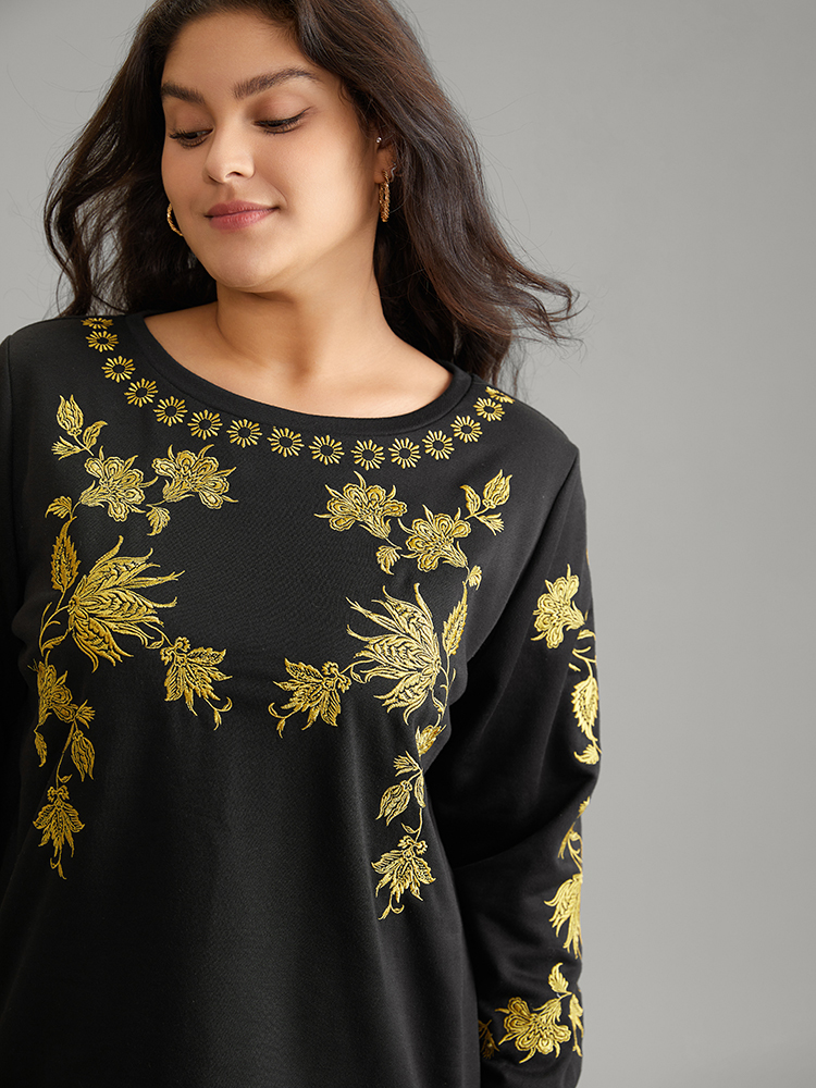 Plus Size Women Dailywear Floral Contrast Regular Regular Sleeve Long Sleeve Round Neck Elegant Sweatshirts BloomChic 