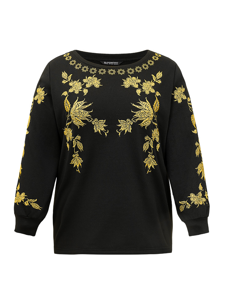 Plus Size Women Dailywear Floral Contrast Regular Regular Sleeve Long Sleeve Round Neck Elegant Sweatshirts BloomChic 
