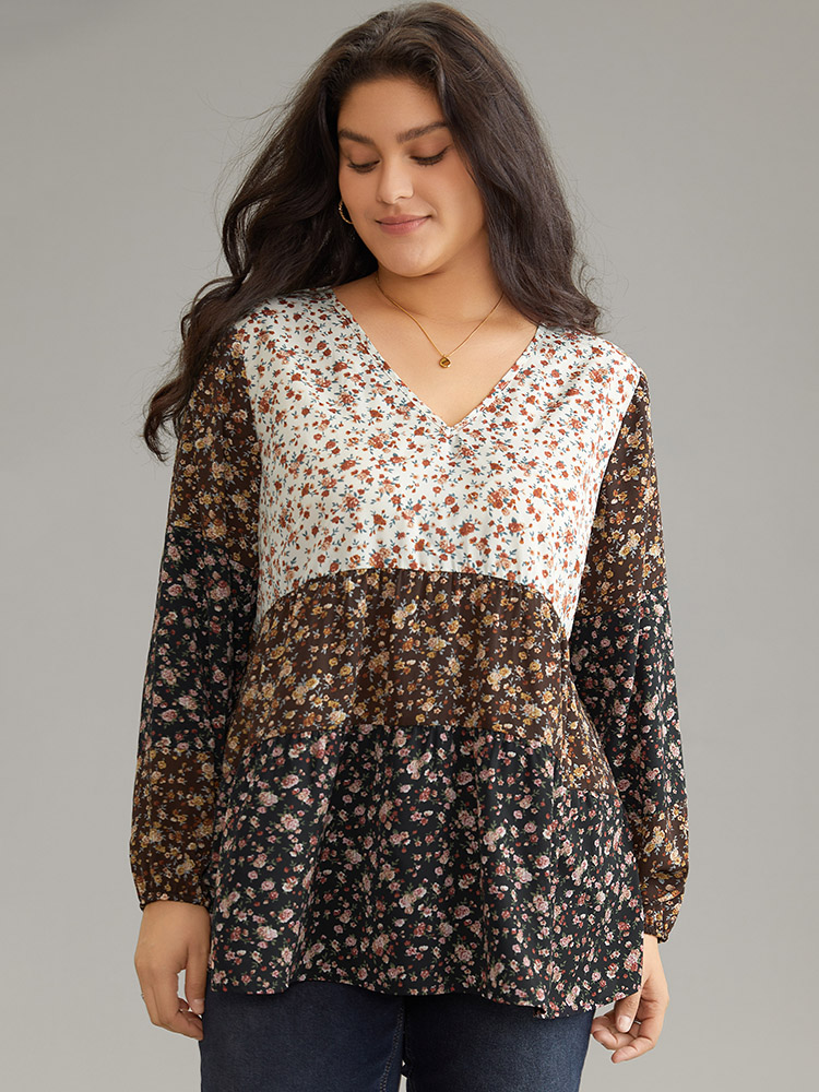Plus Size Multicolor Ditsy Floral Contrast Patchwork Blouse Women Elegant Long Sleeve V-neck Dailywear Blouses BloomChic 14-16/1X 