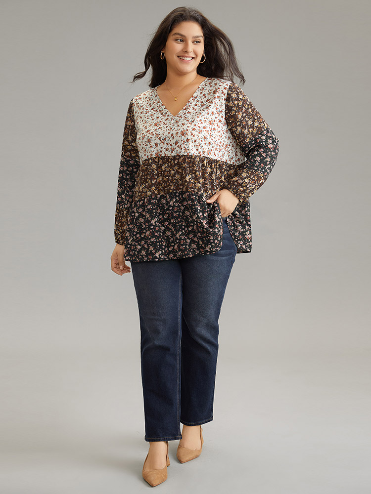Plus Size Multicolor Ditsy Floral Contrast Patchwork Blouse Women Elegant Long Sleeve V-neck Dailywear Blouses BloomChic 14-16/1X 
