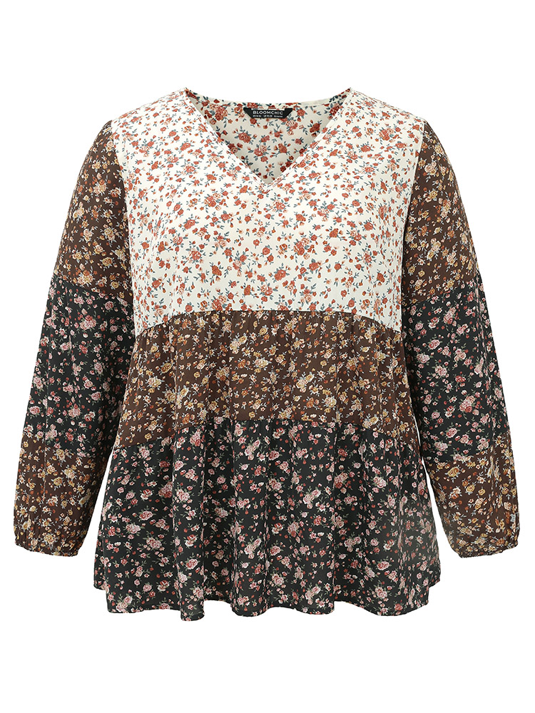Plus Size Multicolor Ditsy Floral Contrast Patchwork Blouse Women Elegant Long Sleeve V-neck Dailywear Blouses BloomChic 14-16/1X 