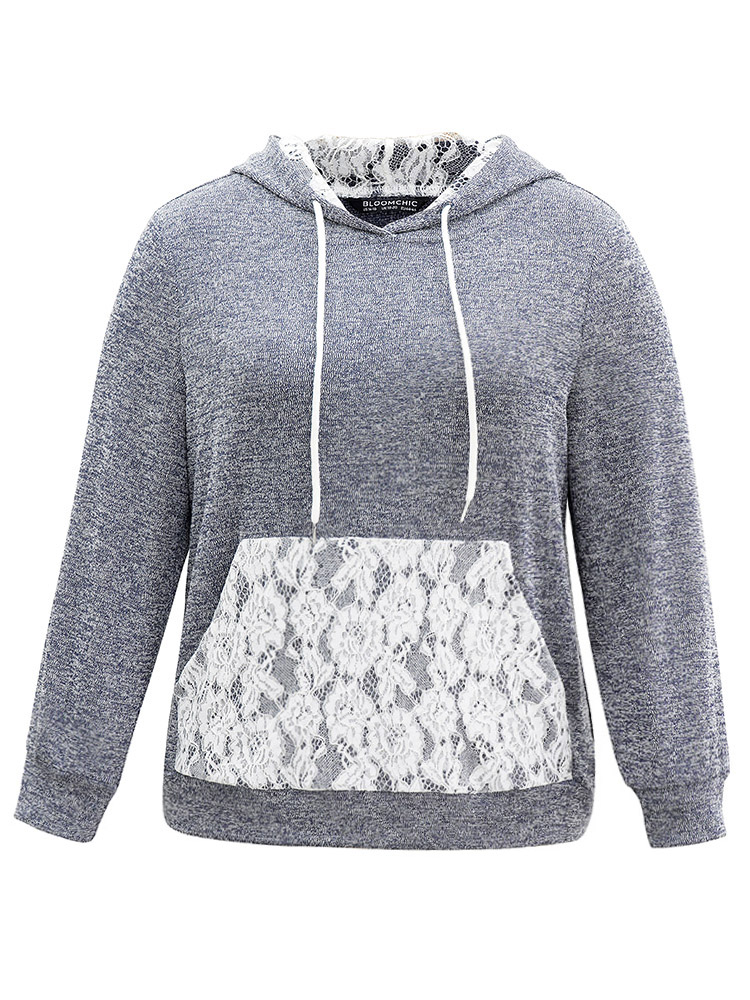 

Plus Size Crochet Lace Patchwork Pocket Hooded Sweatshirt Women Indigo Casual Contrast Hooded Everyday Sweatshirts BloomChic