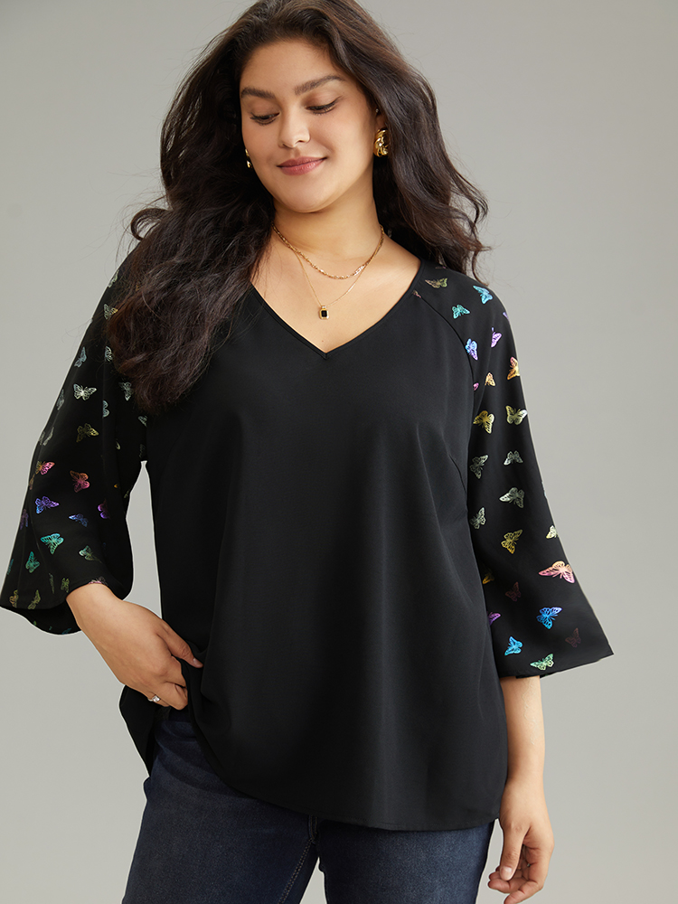 

Plus Size Black Glitter Butterfly Flutter Raglan Sleeve Blouse Women Elegant Elbow-length sleeve V-neck Party Blouses BloomChic