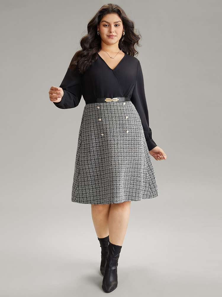 

Plus Size Gingham Coarse Tweed Pocket Overlap Collar Dress Black Women Elegant Texture Overlap Collar Long Sleeve Curvy Midi Dress BloomChic