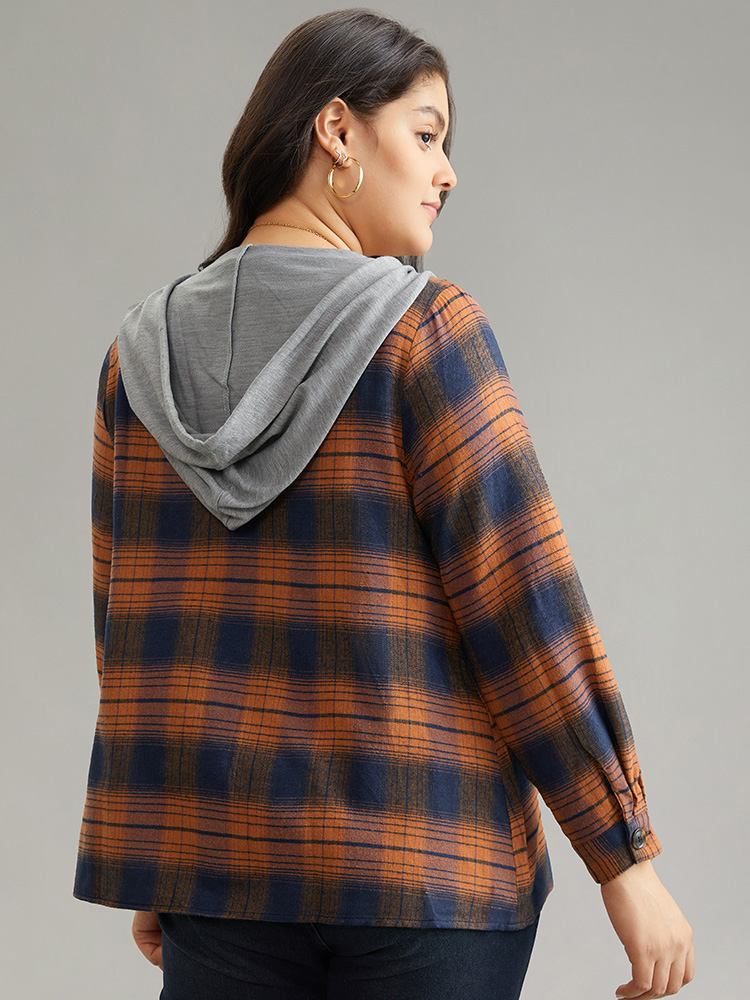 Plus Size Plaid Patchwork Hooded Drawstring Button Through Jacket Women Chocolate Dailywear Jackets BloomChic 14-16/1X 