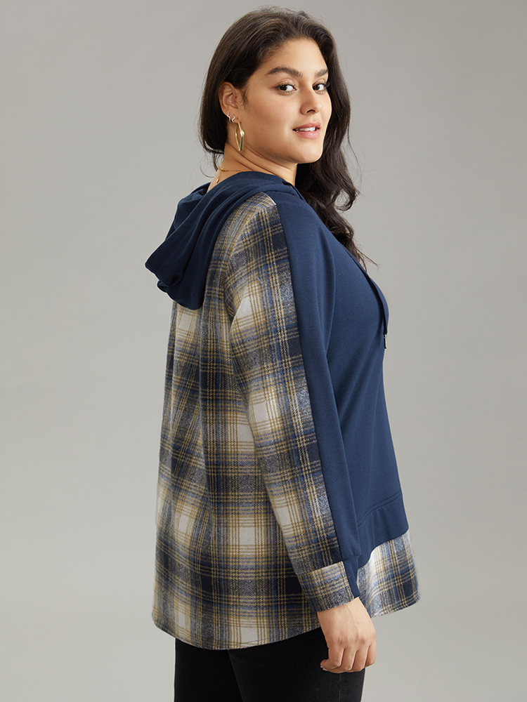 

Plus Size Contrast Plaid Hooded Curved Hem Sweatshirt Women Blue Casual Contrast Hooded Dailywear Sweatshirts BloomChic