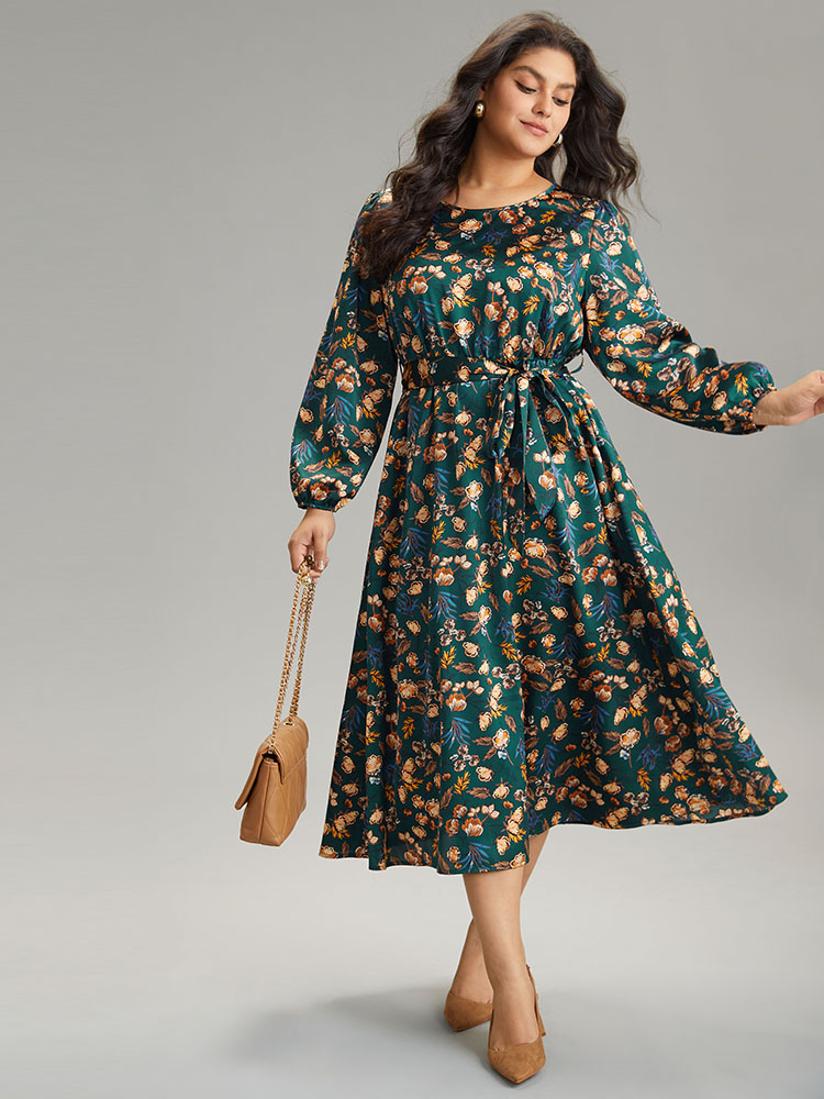 

Plus Size Floral Lantern Sleeve Belted Elastic Waist Dress Cyan Women Office Elastic cuffs Round Neck Long Sleeve Curvy Midi Dress BloomChic