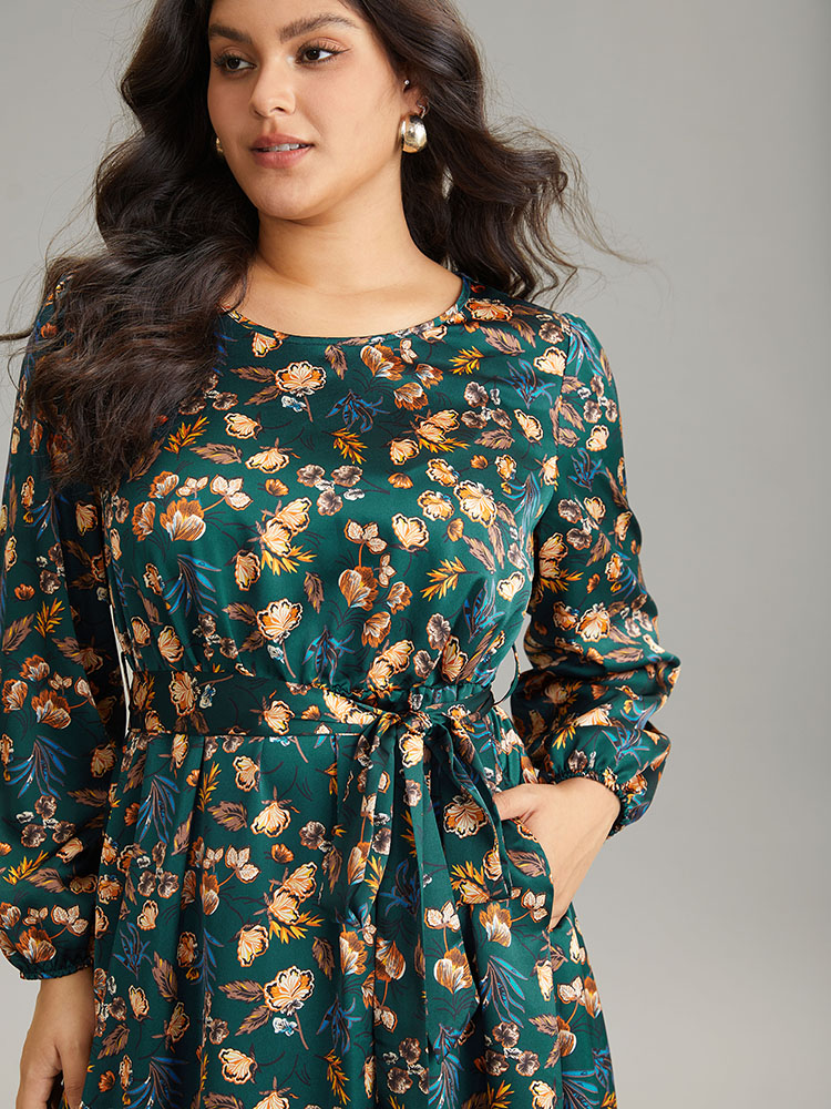 

Plus Size Floral Lantern Sleeve Belted Elastic Waist Dress Cyan Women Office Elastic cuffs Round Neck Long Sleeve Curvy Midi Dress BloomChic