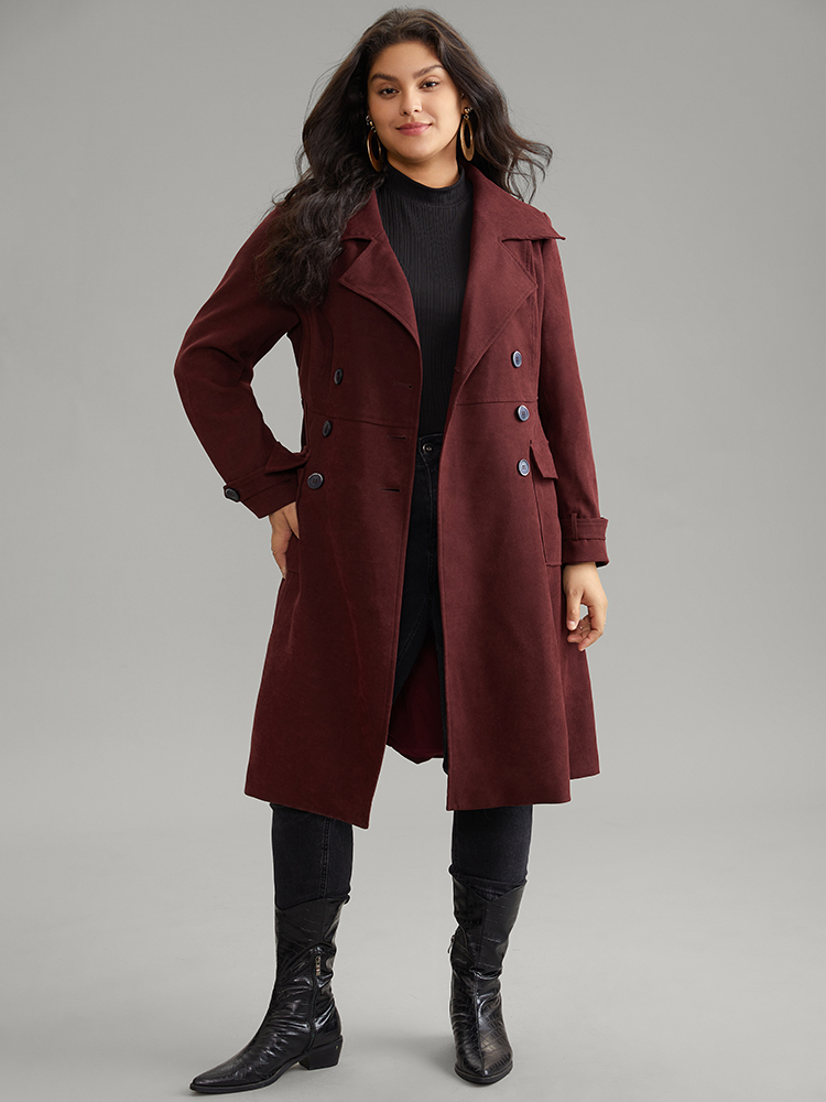 

Plus Size Lapel Collar Solid Double Breasted Belted Coat Women Burgundy Work From Home Lined Ladies Work Winter Coats BloomChic