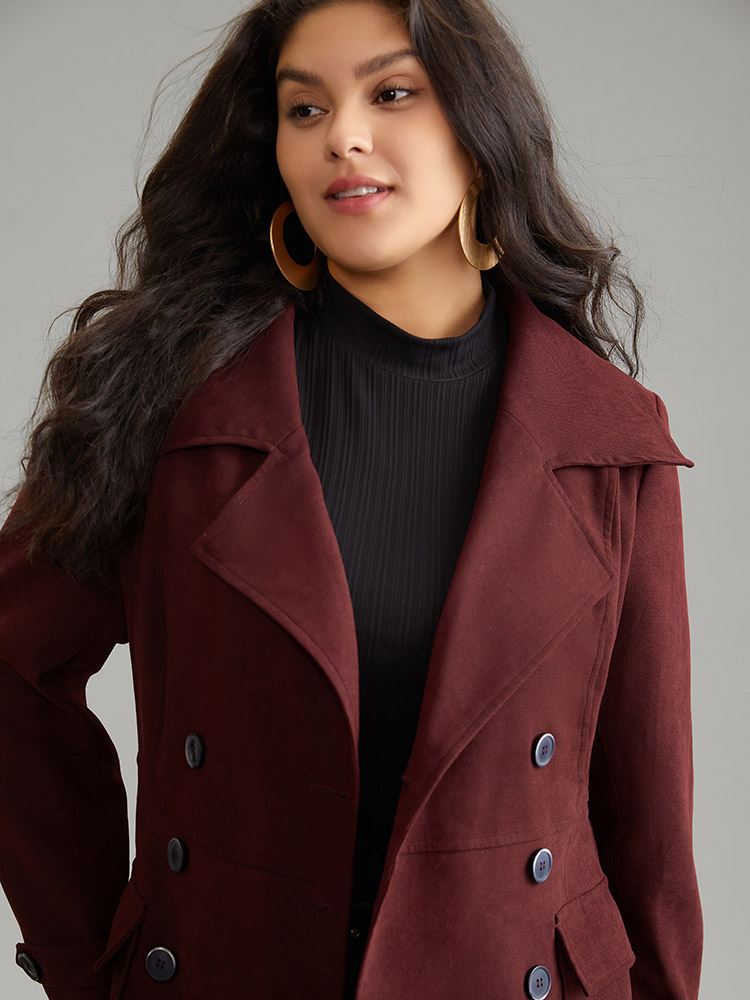 

Plus Size Lapel Collar Solid Double Breasted Belted Coat Women Burgundy Work From Home Lined Ladies Work Winter Coats BloomChic