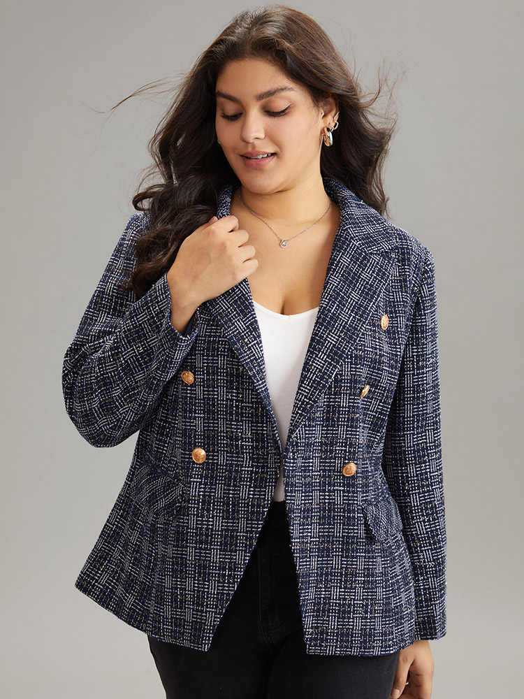 

Plus Size Tweed Plaid Suit Collar Metal Detail Blazer Indigo Women Dailywear Plaid Lined Sleeve Long Sleeve Suit Collar  Pocket Casual Blazers BloomChic