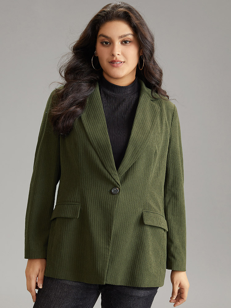 

Plus Size Corduroy Suit Collar Button Up Flap Pocket Blazer ArmyGreen Women Work Plain Texture Sleeve Long Sleeve Suit Collar  Pocket Work From Home Blazers BloomChic