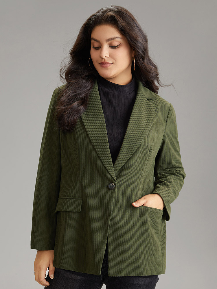 

Plus Size Corduroy Suit Collar Button Up Flap Pocket Blazer ArmyGreen Women Work Plain Texture Sleeve Long Sleeve Suit Collar  Pocket Work From Home Blazers BloomChic