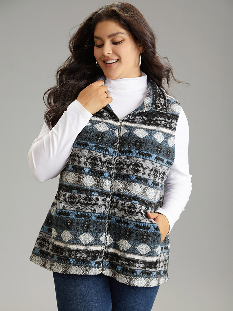 

Plus Size Geometric Bandana Print Zipper Fluffy Vest Women Indigo Casual Lined Ladies Dailywear Winter Coats BloomChic