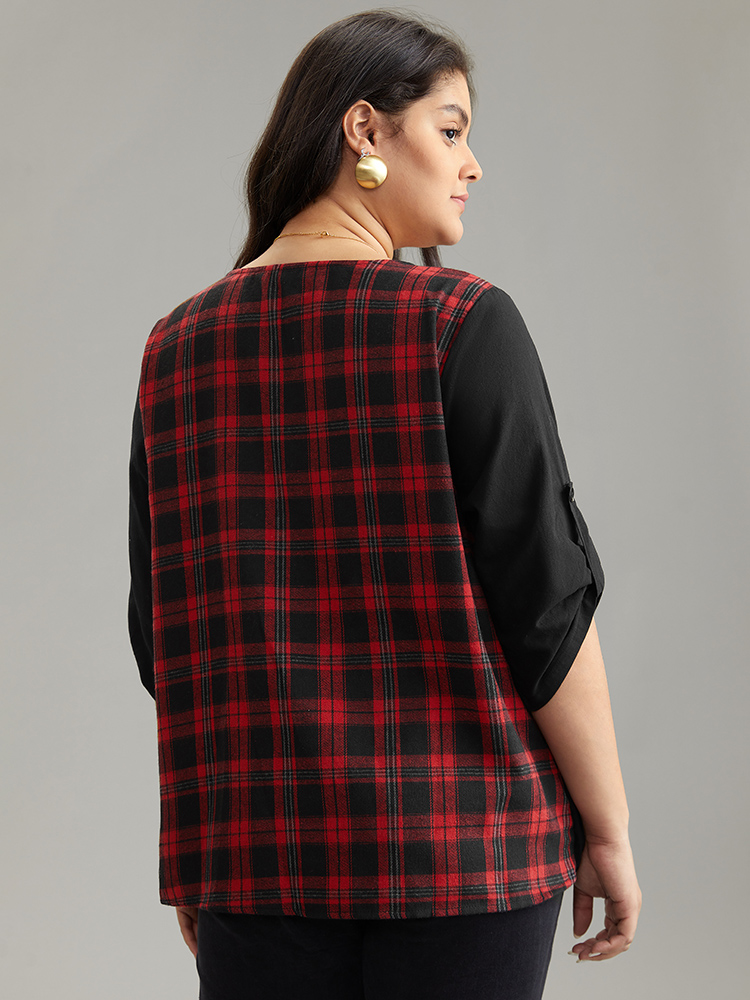 

Plus Size Black Plaid Patchwork Wrap Tab Sleeve Blouse Women Casual Elbow-length sleeve V-neck Everyday Blouses BloomChic