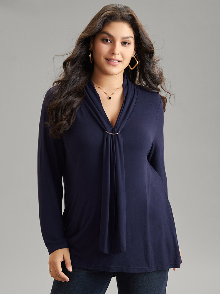 

Plus Size Supersoft Essentials Plain Metal Buckle Detail T-shirt Navy V-neck Long Sleeve At the Office Jersey Tops