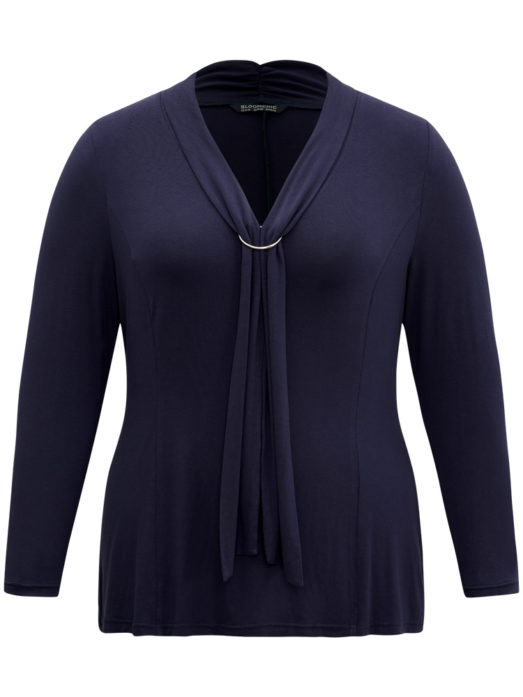 

Plus Size Supersoft Essentials Plain Metal Buckle Detail T-shirt Navy V-neck Long Sleeve At the Office Jersey Tops