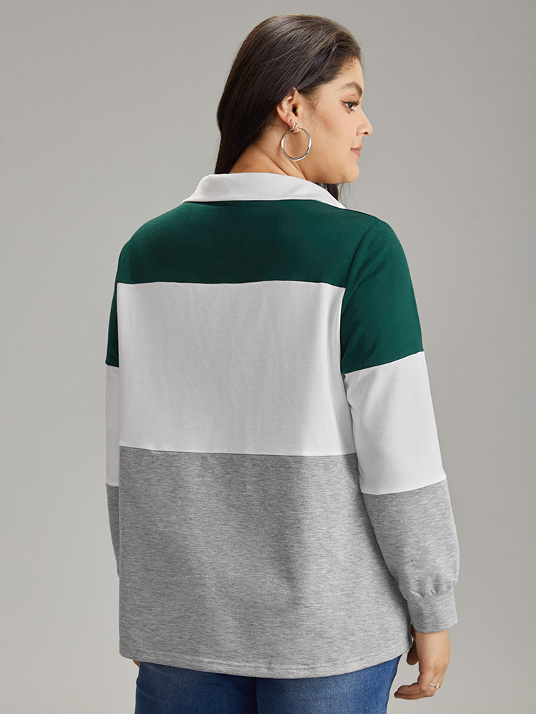 Plus Size Women Dailywear Colorblock Button Regular Regular Sleeve Long Sleeve Polo Casual Sweatshirts BloomChic 