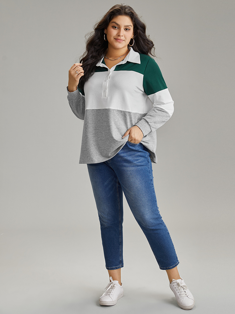 Plus Size Women Dailywear Colorblock Button Regular Regular Sleeve Long Sleeve Polo Casual Sweatshirts BloomChic 