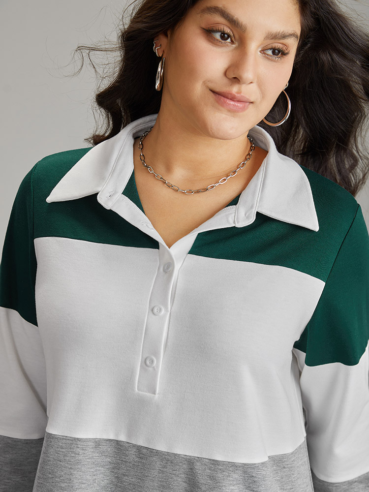 Plus Size Women Dailywear Colorblock Button Regular Regular Sleeve Long Sleeve Polo Casual Sweatshirts BloomChic 