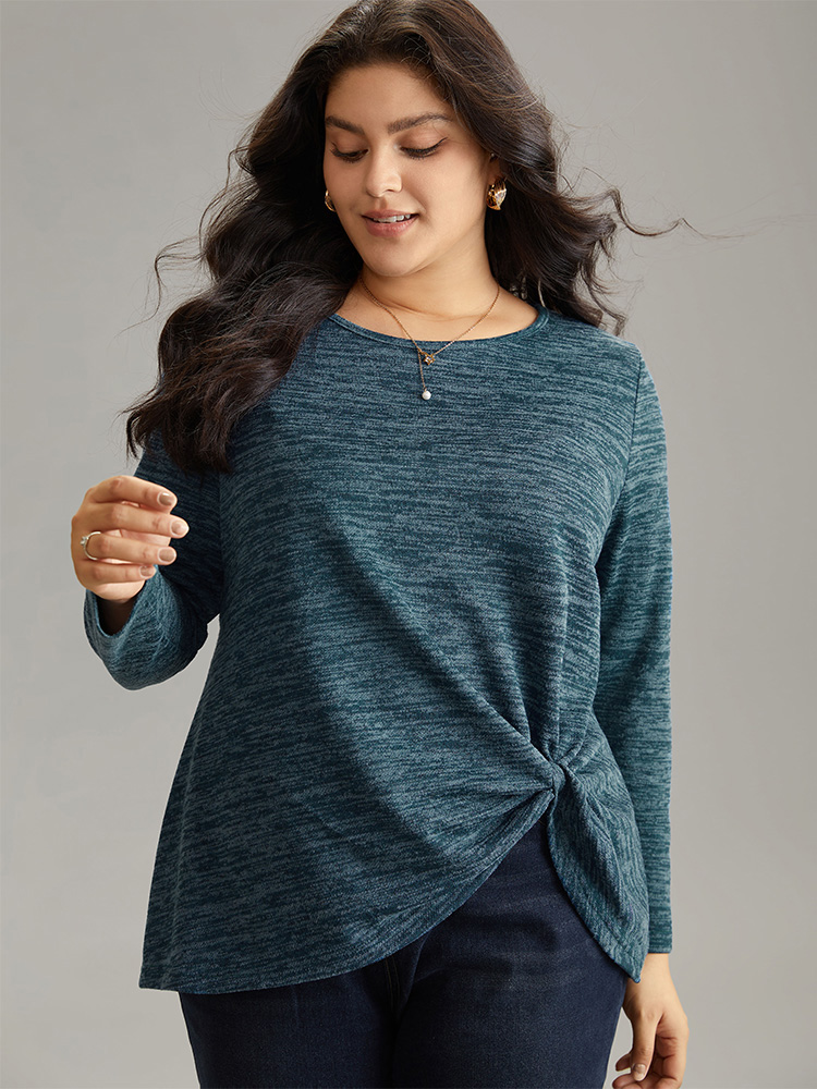 

Plus Size Solid Heather Round Neck Twist Front T-shirt Aegean Women Elegant Plain Plain Round Neck Everyday T-shirts BloomChic