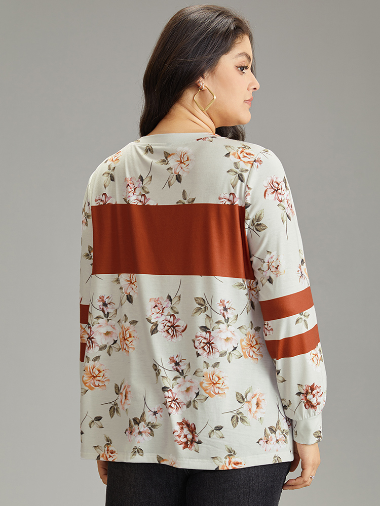 Plus Size Floral Patchwork Colorblock Contrast Crew Neck T-shirt Multicolor Women Casual Contrast Floral Round Neck Dailywear T-shirts BloomChic 14-16/1X 