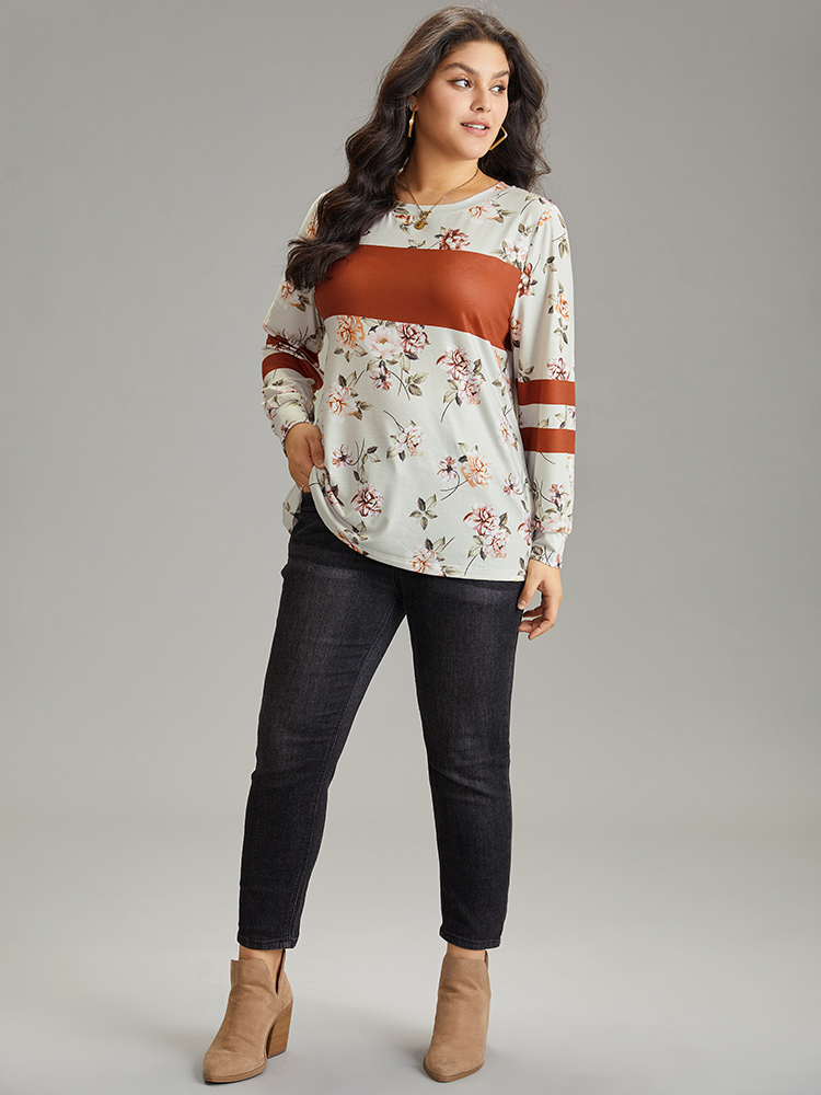 Plus Size Floral Patchwork Colorblock Contrast Crew Neck T-shirt Multicolor Women Casual Contrast Floral Round Neck Dailywear T-shirts BloomChic 14-16/1X 