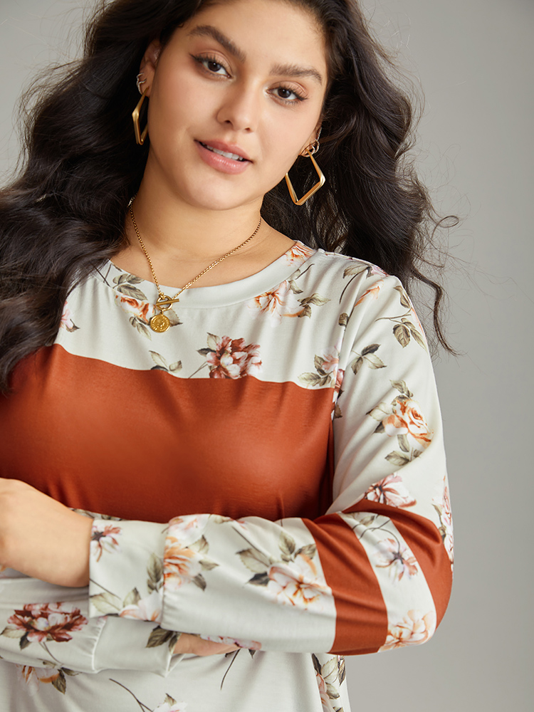 Plus Size Floral Patchwork Colorblock Contrast Crew Neck T-shirt Multicolor Women Casual Contrast Floral Round Neck Dailywear T-shirts BloomChic 14-16/1X 