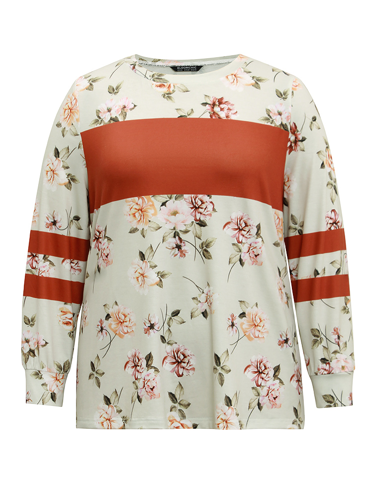 Plus Size Floral Patchwork Colorblock Contrast Crew Neck T-shirt Multicolor Women Casual Contrast Floral Round Neck Dailywear T-shirts BloomChic 14-16/1X 