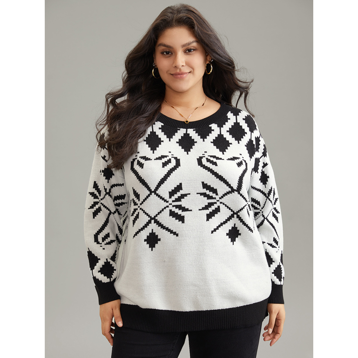 

Plus Size Supersoft Essentials Geometric Jacquard Crew Neck Pullover Black Women Casual Loose Long Sleeve Round Neck Dailywear Pullovers BloomChic
