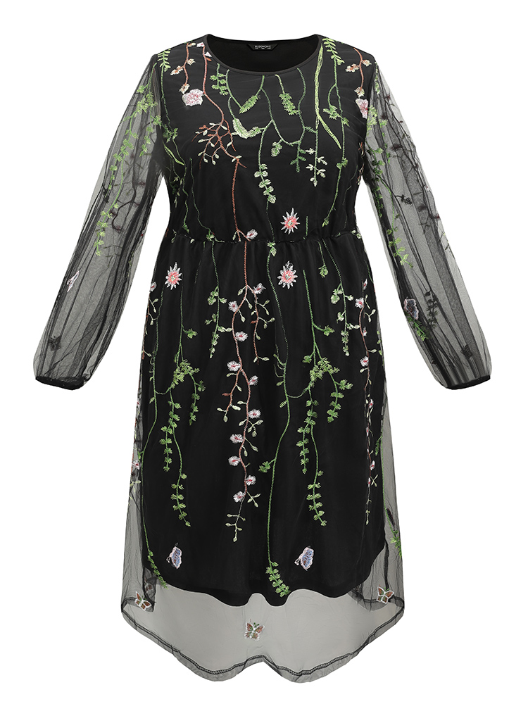 

Plus Size Floral Embroidered Mesh Pocket Lantern Sleeve Dress Black Women Cocktail Elastic cuffs Round Neck Long Sleeve Curvy Midi Dress BloomChic