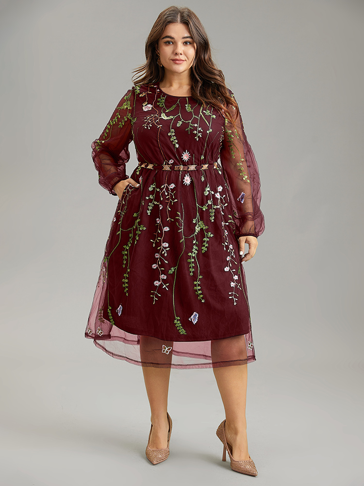 

Plus Size Floral Embroidered Mesh Pocket Lantern Sleeve Dress Burgundy Women Cocktail Elastic cuffs Round Neck Long Sleeve Curvy Midi Dress BloomChic