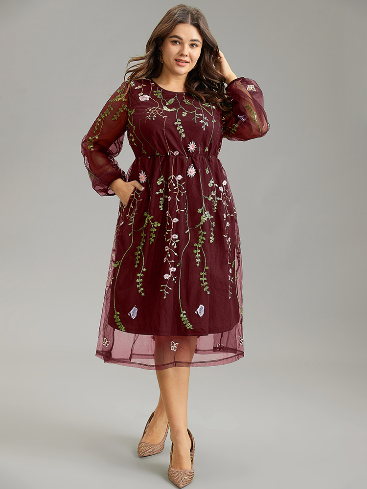 

Plus Size Floral Embroidered Mesh Pocket Lantern Sleeve Dress Burgundy Women Cocktail Elastic cuffs Round Neck Long Sleeve Curvy Midi Dress BloomChic