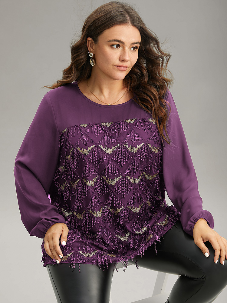 

Plus Size Purple Sequin Tassel Trim Patchwork Lantern Sleeve Blouse Women Glamour Long Sleeve Round Neck Party Blouses BloomChic