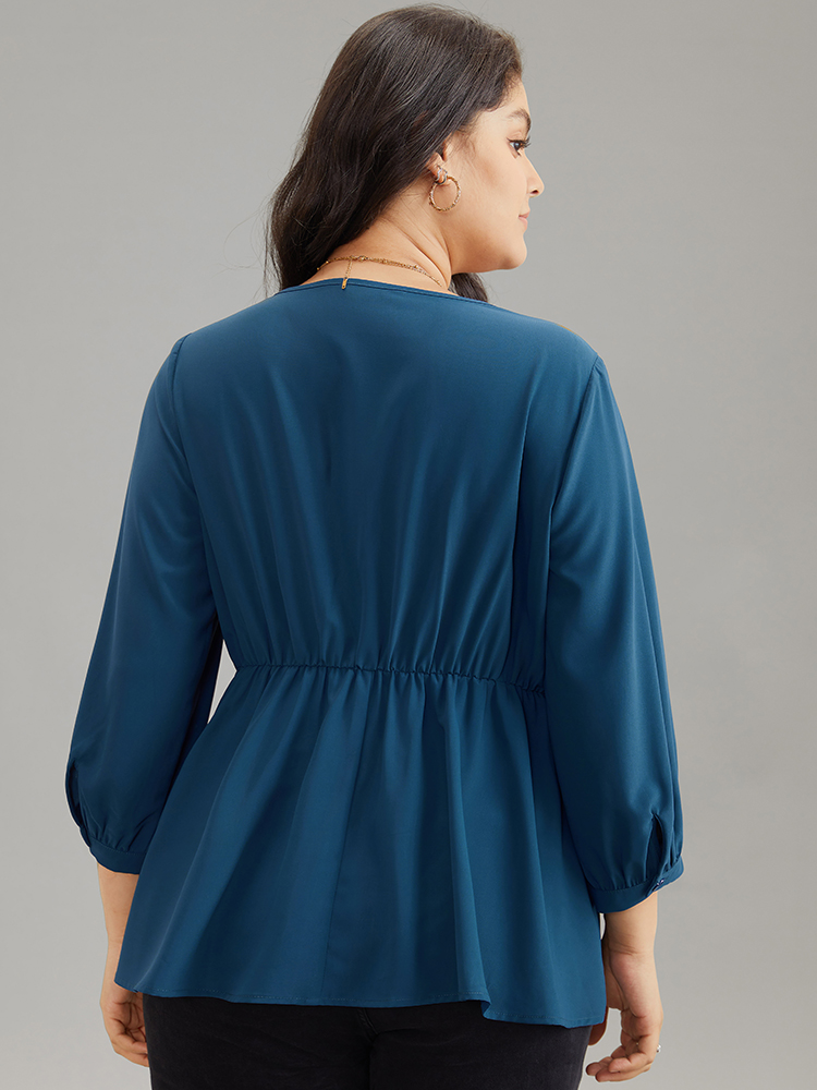 Plus Size Aegean Static-Free Elastic Waist Pleated Lantern Sleeve Blouse Women Office Elbow-length sleeve V-neck Work Blouses BloomChic 30/6X 