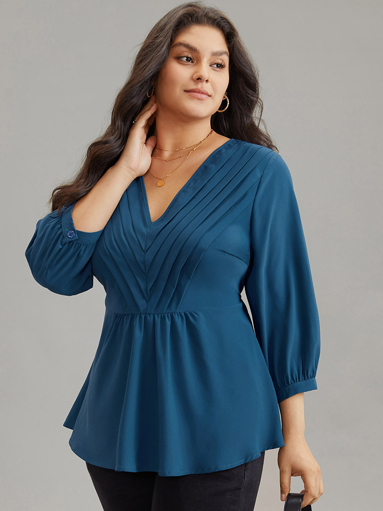 

Plus Size Aegean Static-Free Elastic Waist Pleated Lantern Sleeve Blouse Women Office Elbow-length sleeve V-neck Work Blouses BloomChic