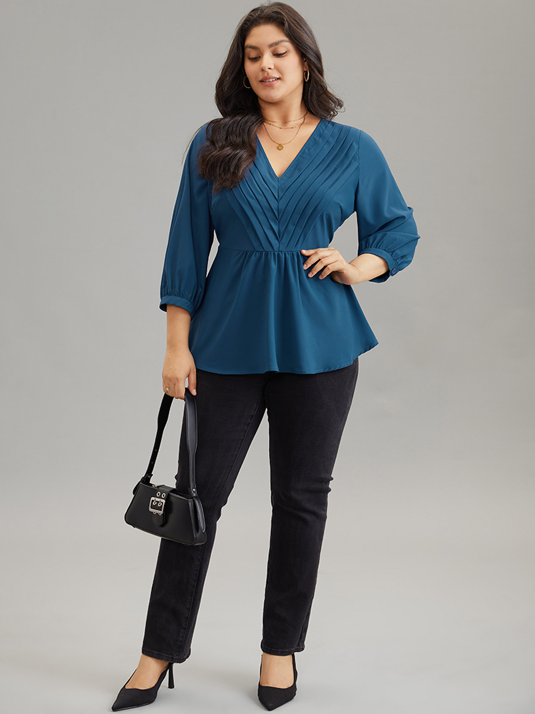 Plus Size Aegean Static-Free Elastic Waist Pleated Lantern Sleeve Blouse Women Office Elbow-length sleeve V-neck Work Blouses BloomChic 30/6X 