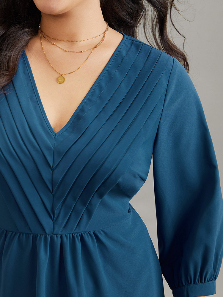 Plus Size Aegean Static-Free Elastic Waist Pleated Lantern Sleeve Blouse Women Office Elbow-length sleeve V-neck Work Blouses BloomChic 30/6X 