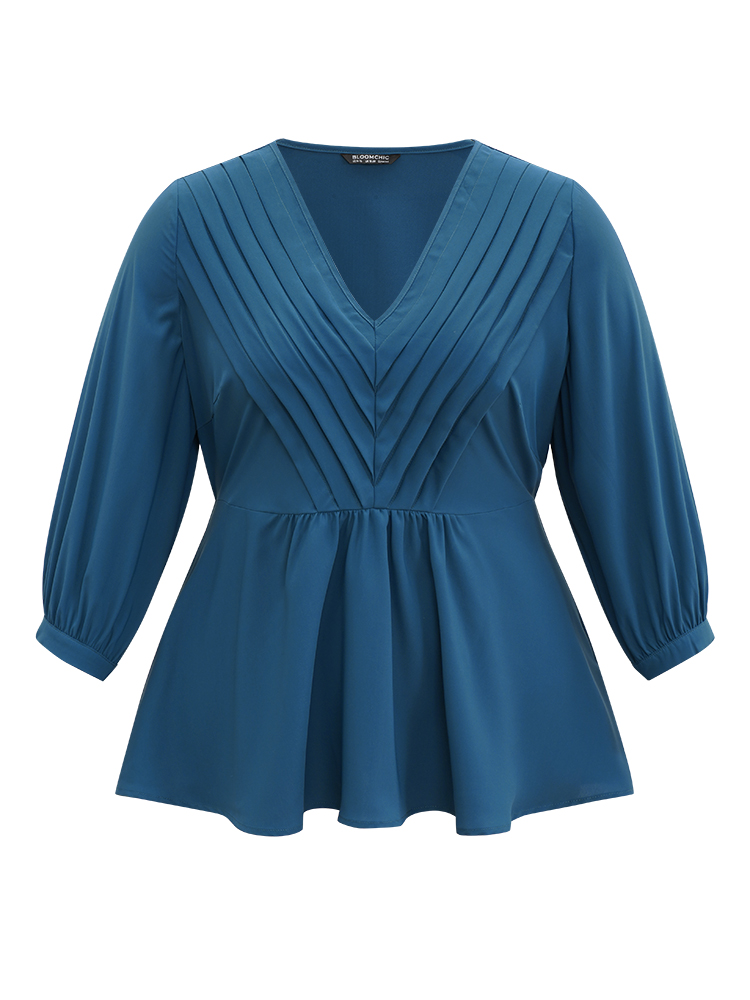 Plus Size Aegean Static-Free Elastic Waist Pleated Lantern Sleeve Blouse Women Office Elbow-length sleeve V-neck Work Blouses BloomChic 30/6X 