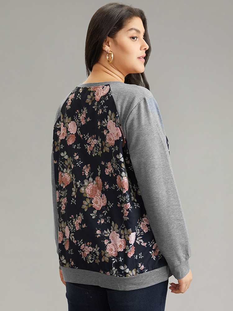 

Plus Size Floral Patchwork Raglan Sleeve Sweatshirt Women Indigo Elegant Contrast Round Neck Everyday Sweatshirts BloomChic