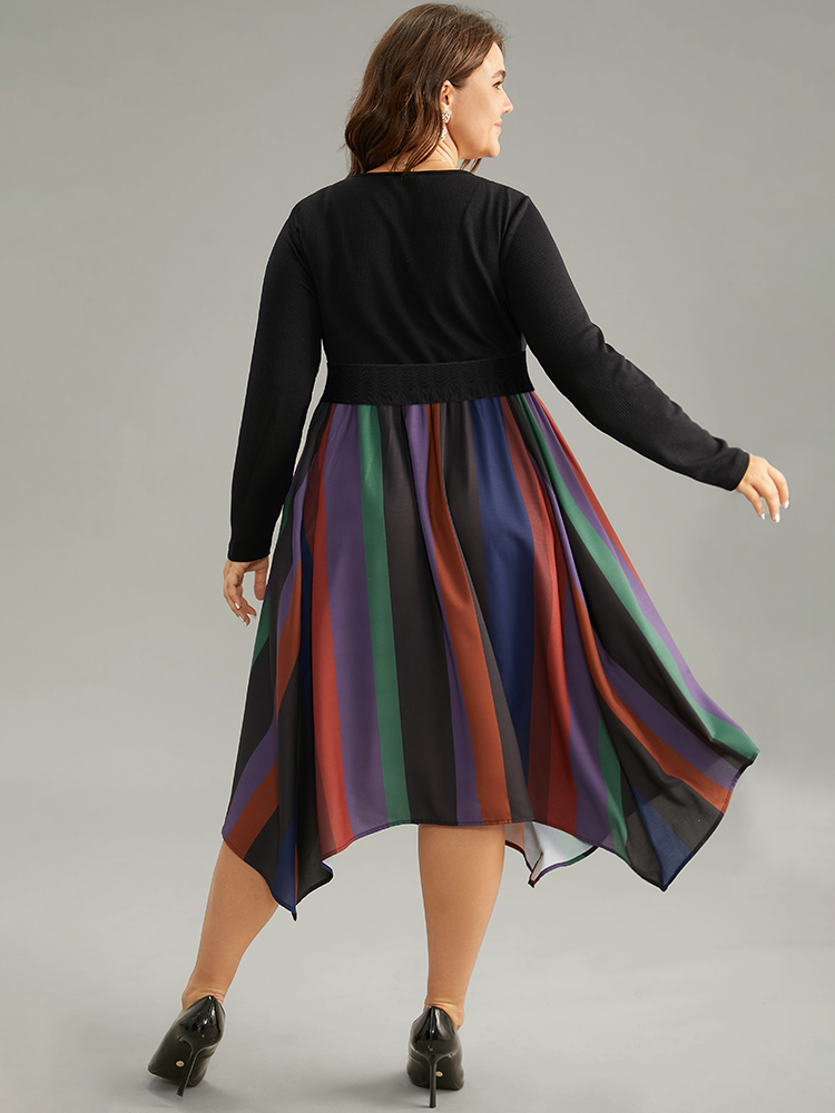 Plus Size Striped Colorblock Contrast Pocket Elastic Waist Dress Multicolor Women Office Patchwork Round Neck Long Sleeve Curvy Midi Dress BloomChic 22-24/3X 
