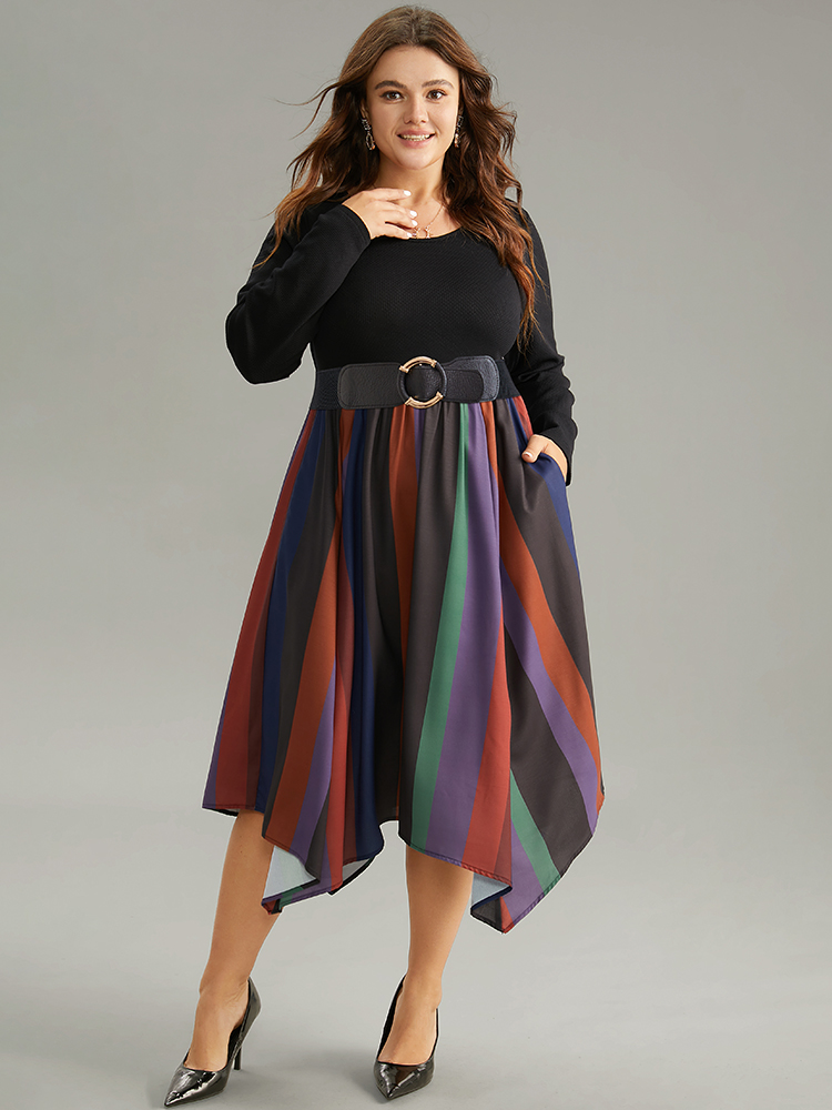 Plus Size Striped Colorblock Contrast Pocket Elastic Waist Dress Multicolor Women Office Patchwork Round Neck Long Sleeve Curvy Midi Dress BloomChic 22-24/3X 
