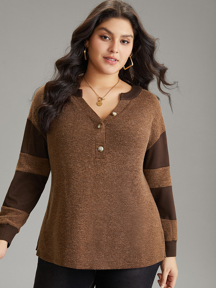 BloomChic Women's Plus Size Contrast Patchwork Notched Button Up T-shirt DarkBrown Dailywear Long Sleeve 14-16/1X