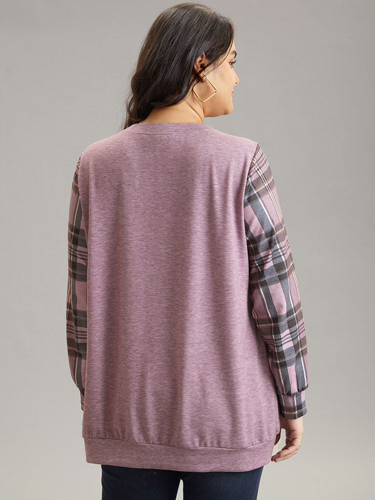 Plus Size Plaid Print Patchwork Kangaroo Pocket Sweatshirt Women Purple Casual Patchwork Round Neck Dailywear Sweatshirts BloomChic 22-24/3X 