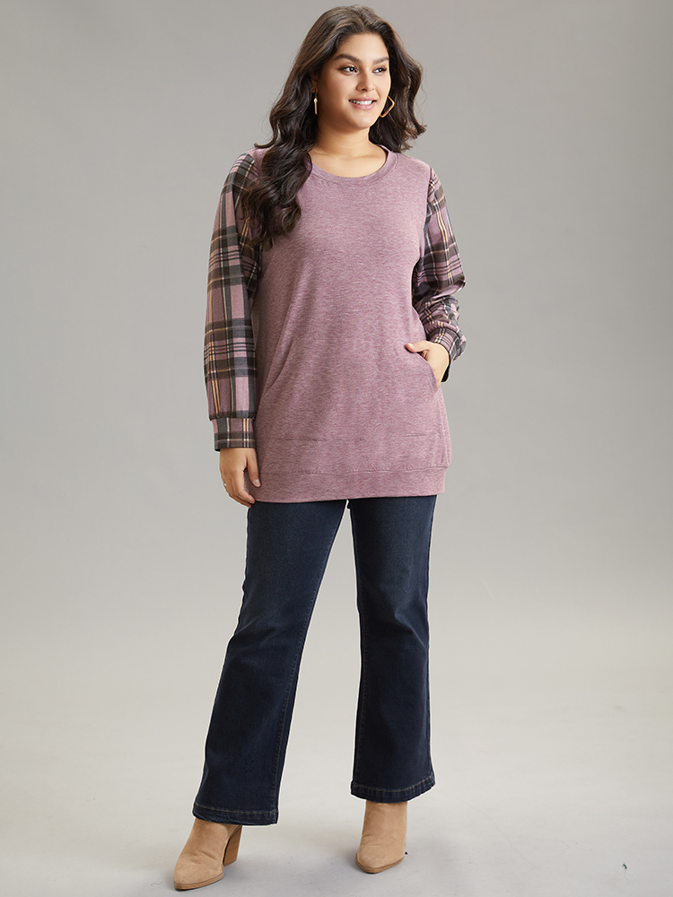 Plus Size Plaid Print Patchwork Kangaroo Pocket Sweatshirt Women Purple Casual Patchwork Round Neck Dailywear Sweatshirts BloomChic 22-24/3X 