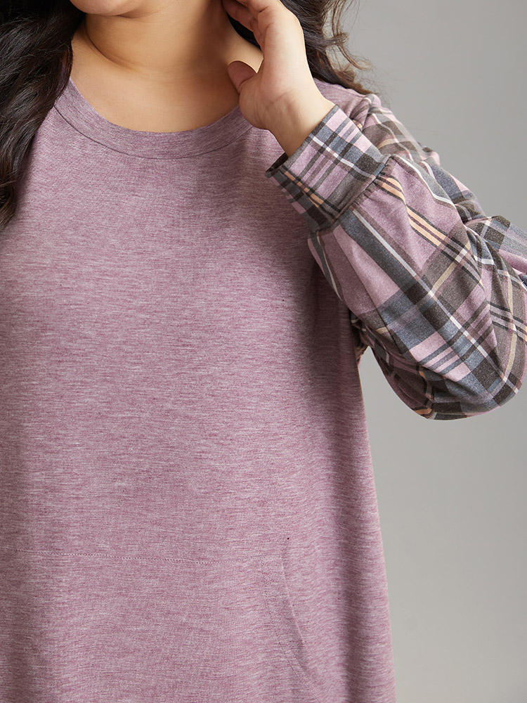 Plus Size Plaid Print Patchwork Kangaroo Pocket Sweatshirt Women Purple Casual Patchwork Round Neck Dailywear Sweatshirts BloomChic 22-24/3X 