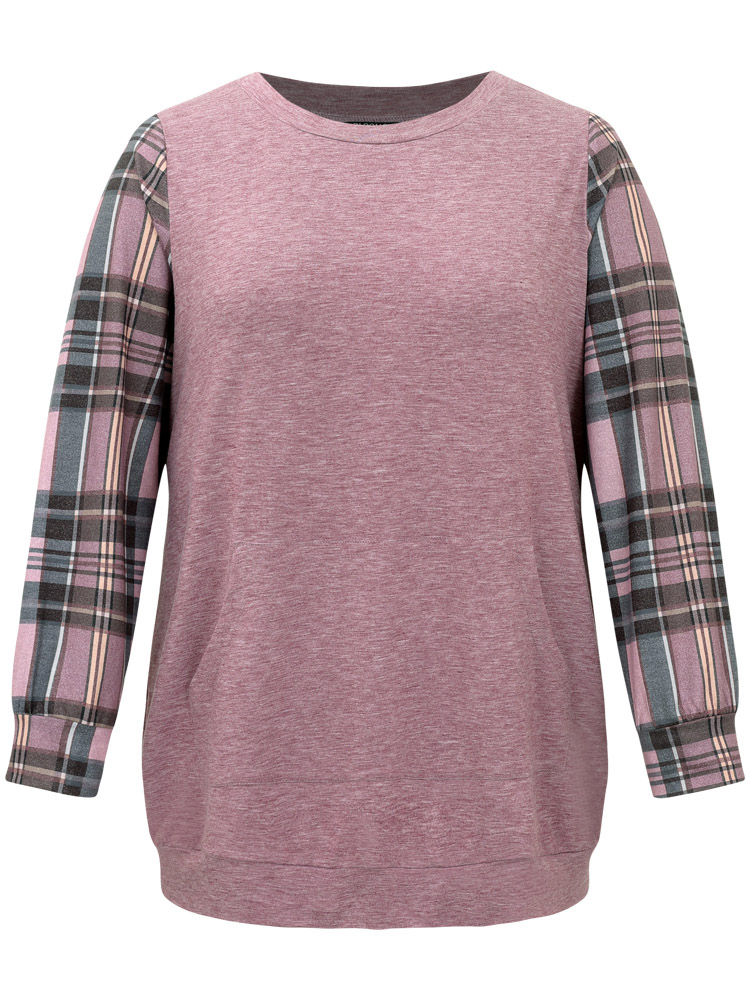 Plus Size Plaid Print Patchwork Kangaroo Pocket Sweatshirt Women Purple Casual Patchwork Round Neck Dailywear Sweatshirts BloomChic 22-24/3X 