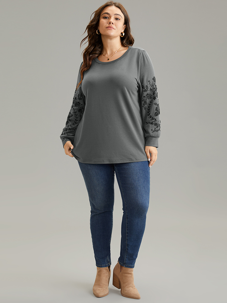 

Plus Size Plants Embroidered Elastic Cuffs Crew Neck Sweatshirt Women Gray Casual Embroidered Round Neck Everyday Sweatshirts BloomChic